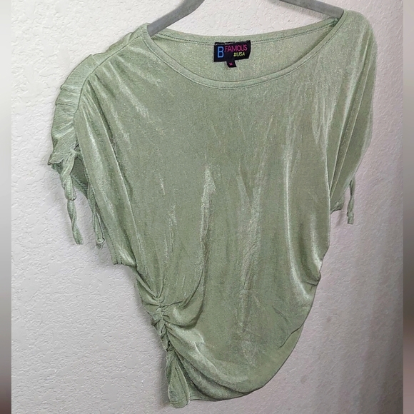 Y2k 00s Green Metallic Ruched Blouse ☆B  Famous Women's M •●Fitted Shiny Shirt●• - Picture 1 of 7